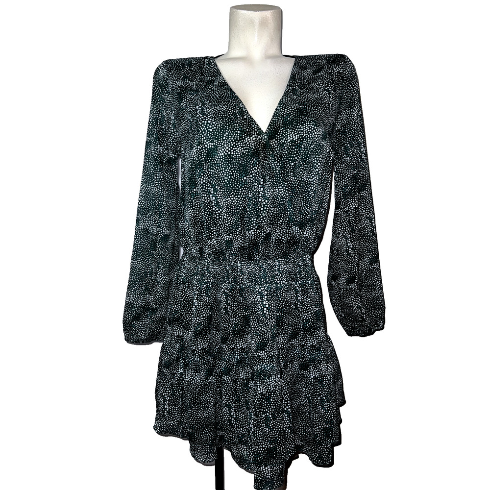 Anthropologie SADIE & SAGE Size M Green Dot Print Crossover V-neck Ruffle Dress